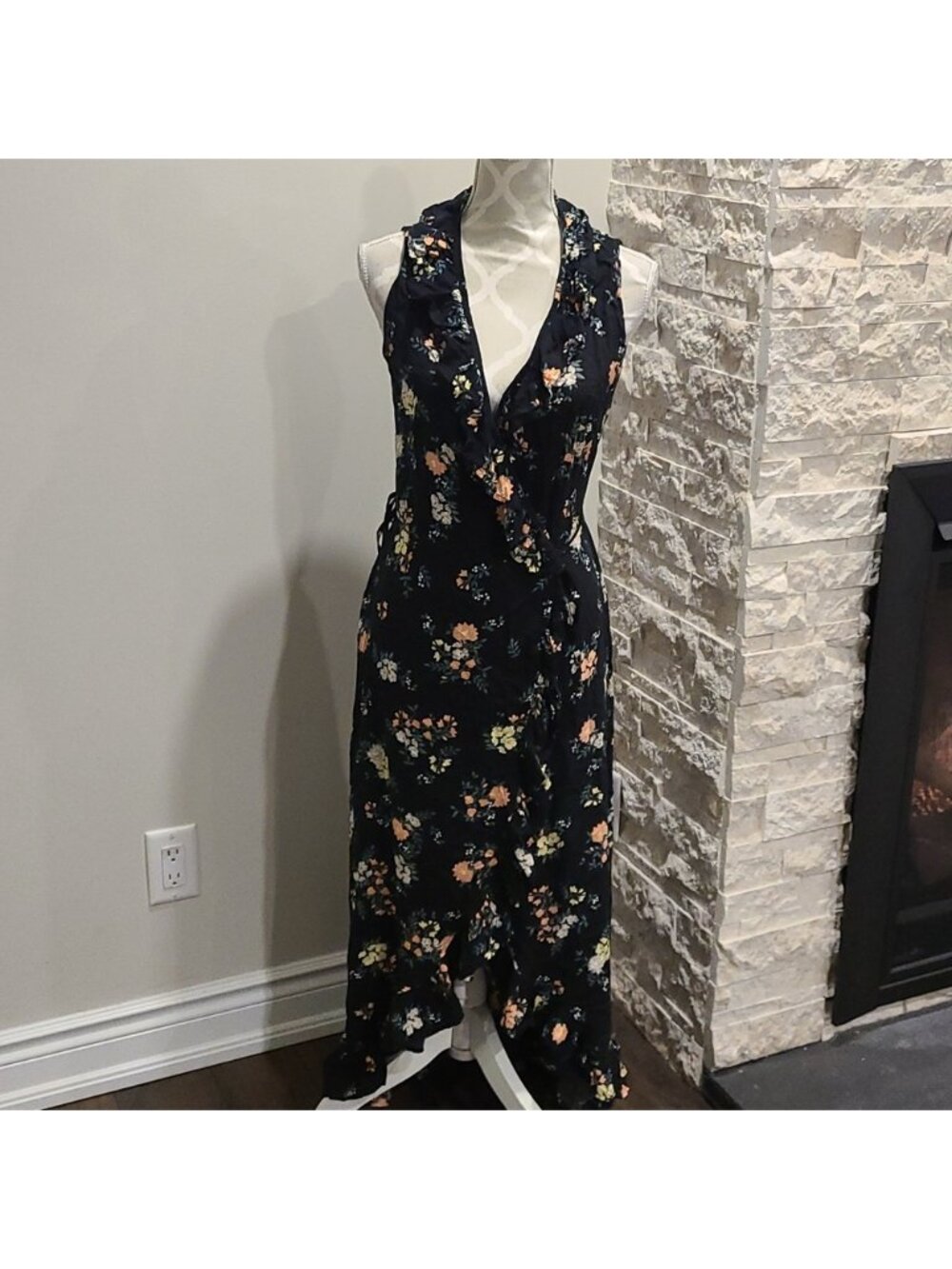 Apricot Floral wrap dress with ruffled front